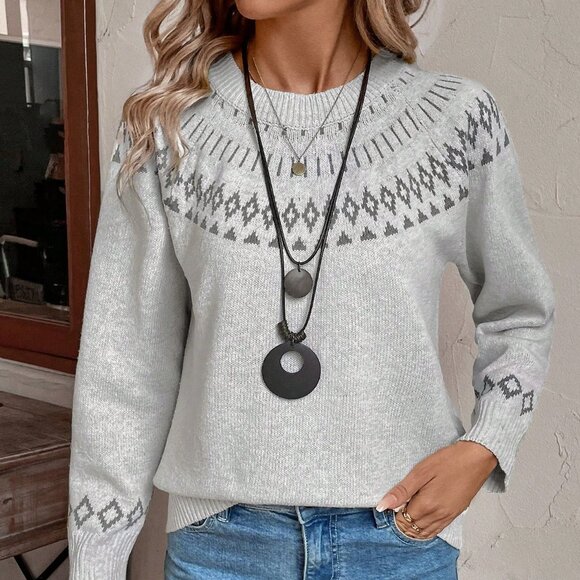 Grey Casual Women's Crew Neck Geometric Print Long Sleeve Sweater - Picture 6 of 6